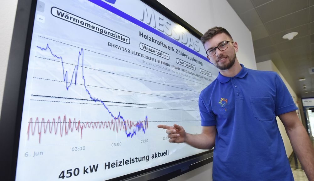 Auch dafür hat Nico Köhler gesorgt: Die Kollegen können auf Monitoren den aktuellen Strom-, Wasser- und Druckluft-Verbrauch an Monitoren im Gang ablesen. (Foto: Sigwart)