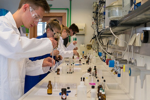 Die Schüler im Uni-Labor des chemischen Instituts in Chemnitz. (Foto: Uwe Schauer/TU Chemnitz)