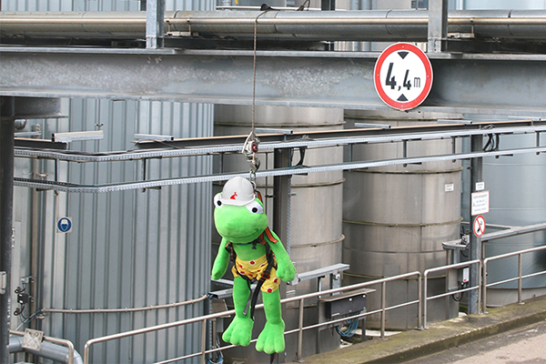 Umweltbewusst und fest gesichert: Der Frosch in Mainz (Foto: Werner und Mertz).
